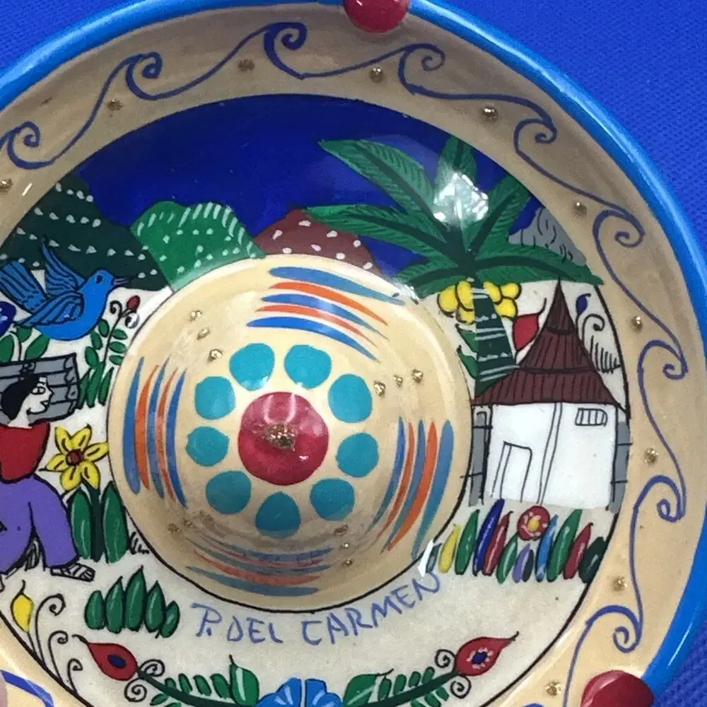 Sombrero Ashtray Clay Pottery Hand-Painted Artist Marked Mexico Colorful Hat‎